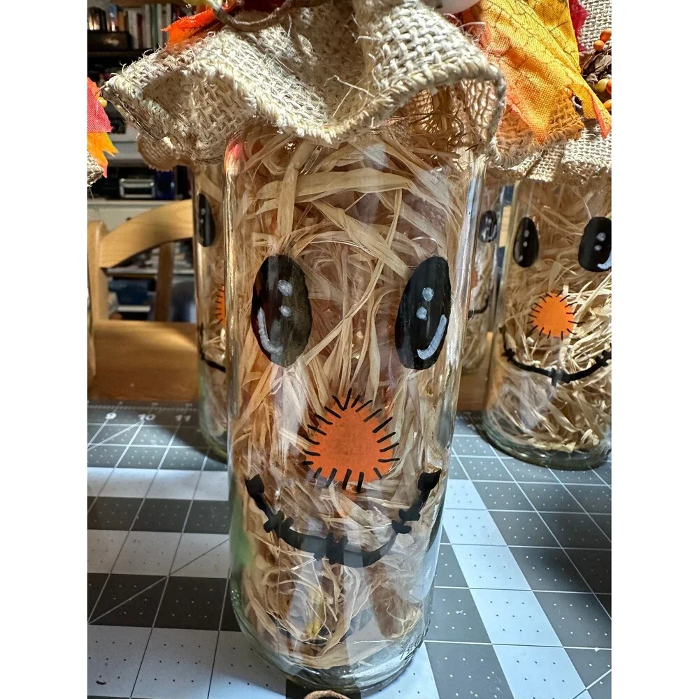 Light Up Scarecrow Bottle w/ Burlap Hat and Raffia “Straw” - New - Handmade